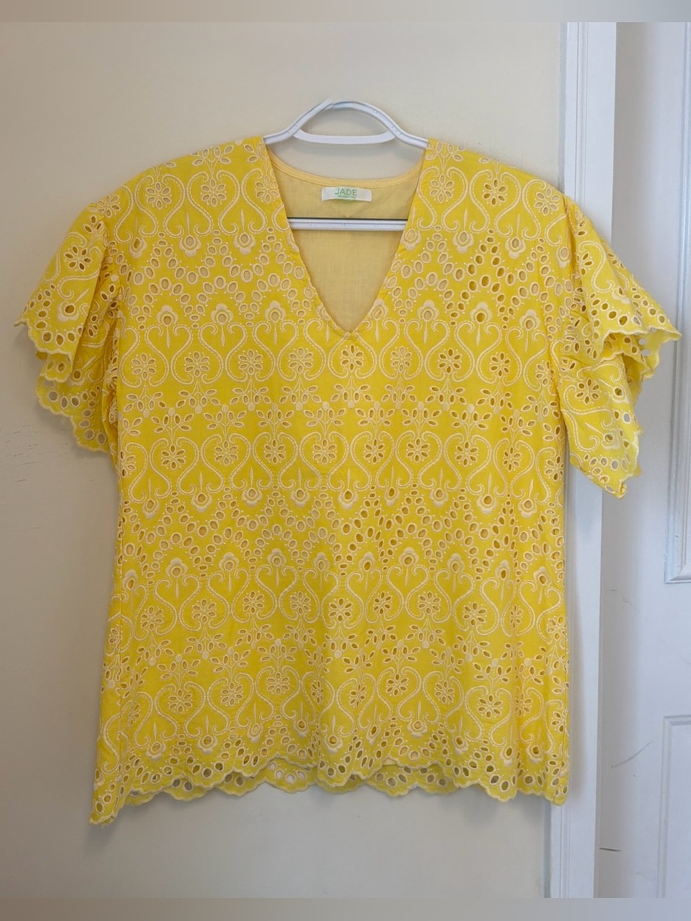 Jade Bright Yellow Eyelet V-Neck Flutter Sleeve Blouse
